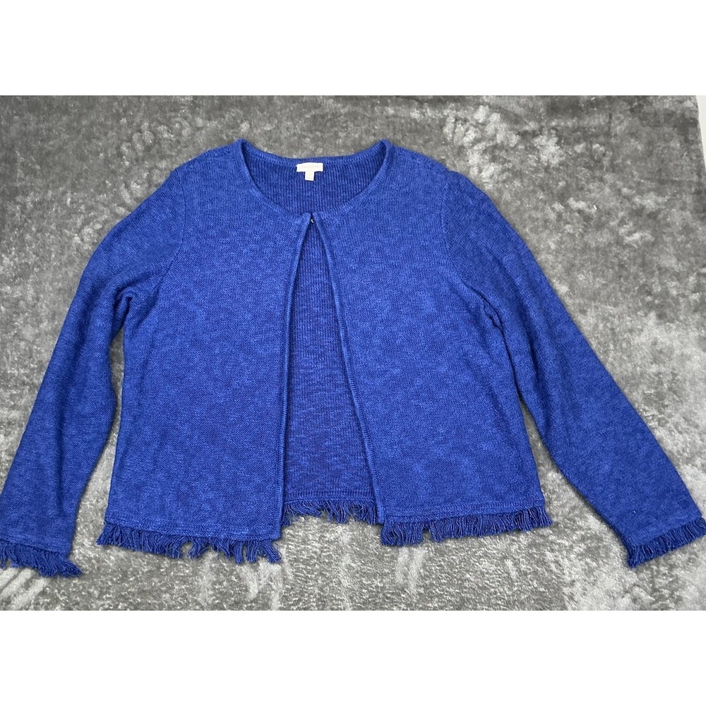 Talbots Women's Large Blue Open Front Cardigan Sweater Long Sleeve Frayed Hem